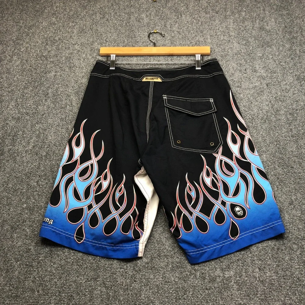 Y2K Billabong Mens Blue Flame Skull Board Shorts Black Swim Trunks  Size 32